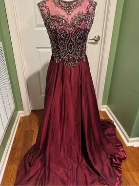 Beaded Burgundy Prom Gown with Illusion Neckline